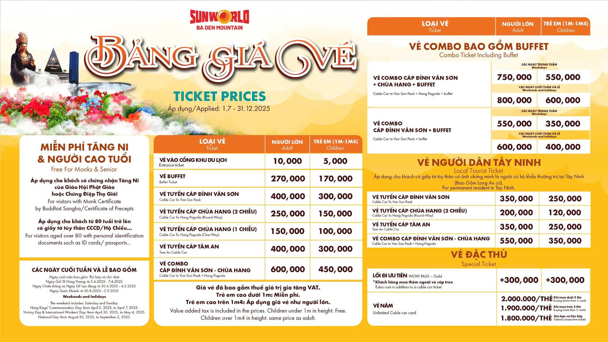 Bảng giá vé núi Bà Đen cập nhật mới nhất 2025